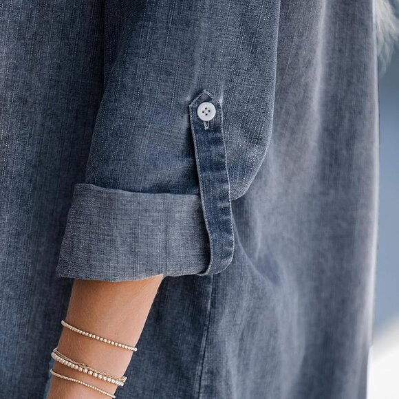 Women's Denim Shirt Dress Long Sleeve Casual Mini Distressed V Neck - Picture 3 of 8